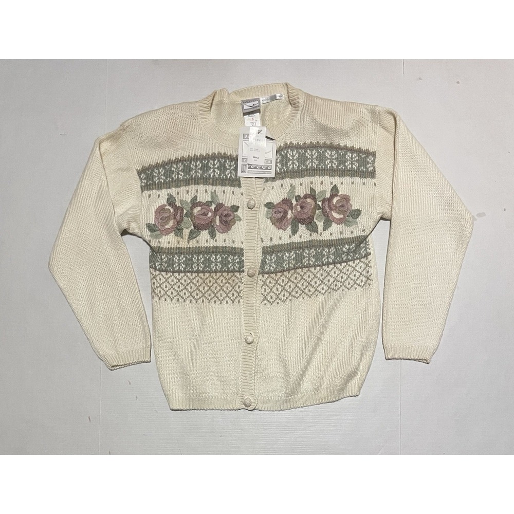 VTG Jantzen Hand Embroidered‎ Floral Cardigan Sweater Cream Cottagecore Small